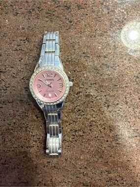 Fossil Silver Watch with Pink Dial and Crystal Bezel